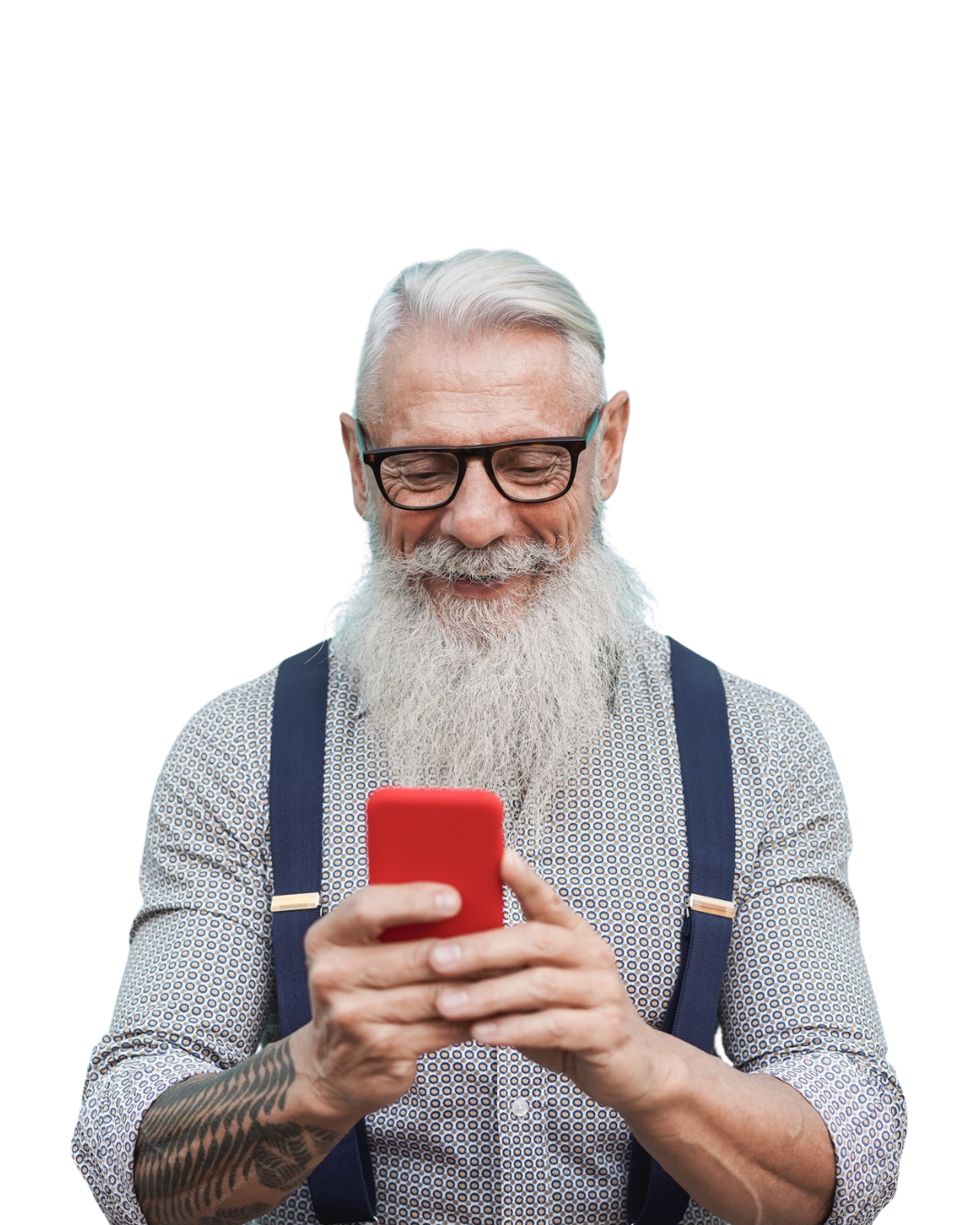 Happy senior hipster man using mobile phone outdoors in the city - Focus on face