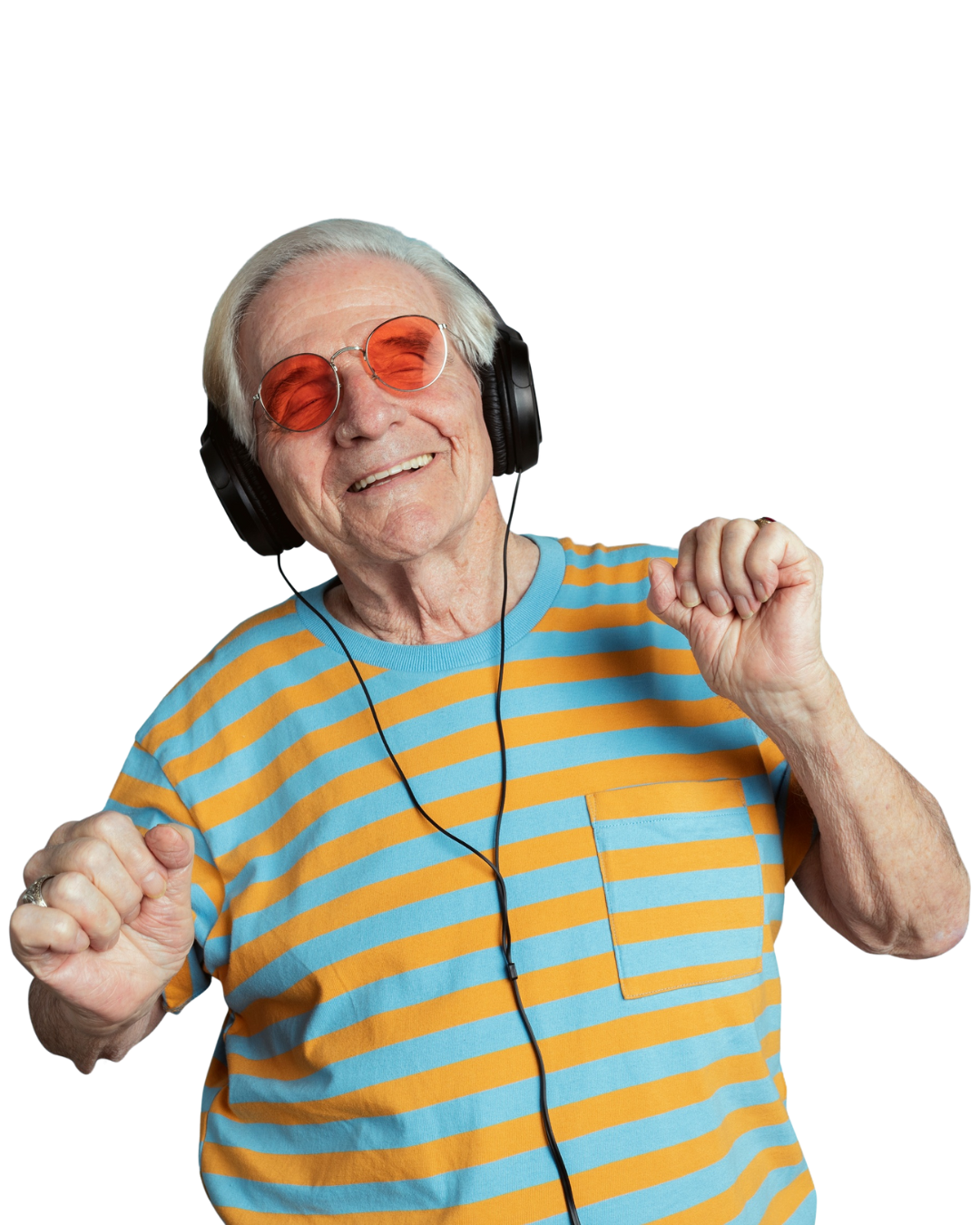 Happy senior man dancing while listening to music with headphones mockup